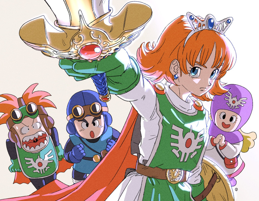 2boys, 2girls, angry, blonde_hair, blue_eyes, cape, cousins, dragon_quest