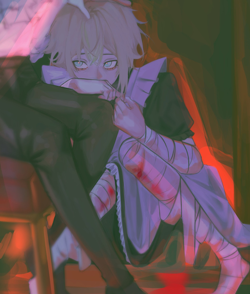 1boy, absurdres, alternate_costume, bandaged_arm, bandaged_leg, bandages, basil_(omori), blonde_hair, blood, blood_on_bandages, blue_eyes, enmaided, futo_(tofuutoufofuto), highres, looking_at_viewer, maid, omori, puffy_short_sleeves, puffy_sleeves, short_hair, short_sleeves