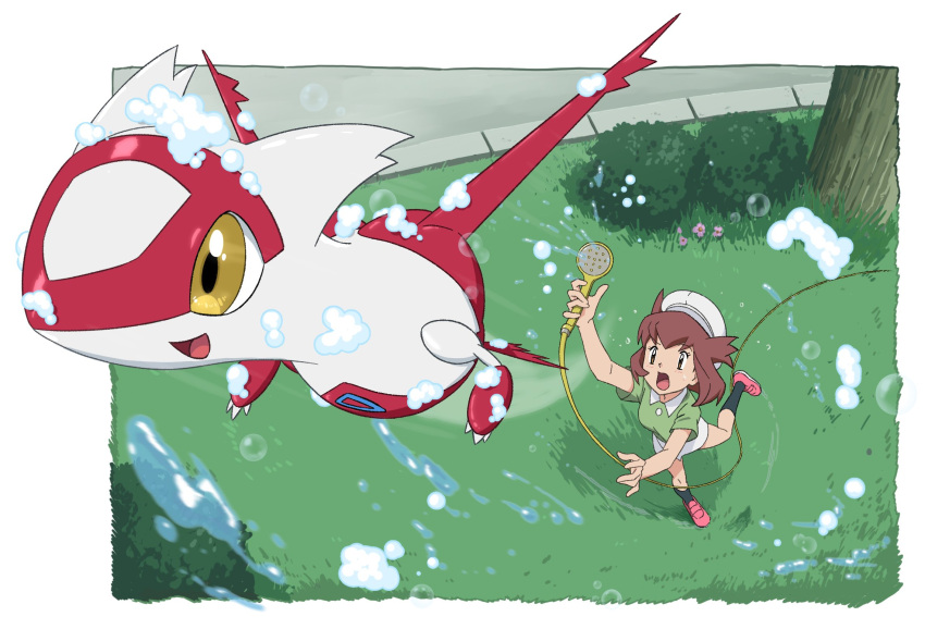 1girl, :d, bianca_(pokemon_heroes), black_socks, brown_hair, bubble, bush, claws