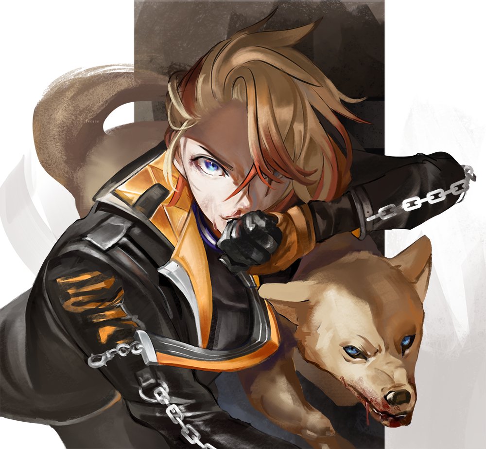 1boy, axel_syrios, belt, black_gloves, black_jacket, black_pants, black_shirt, blonde_hair
