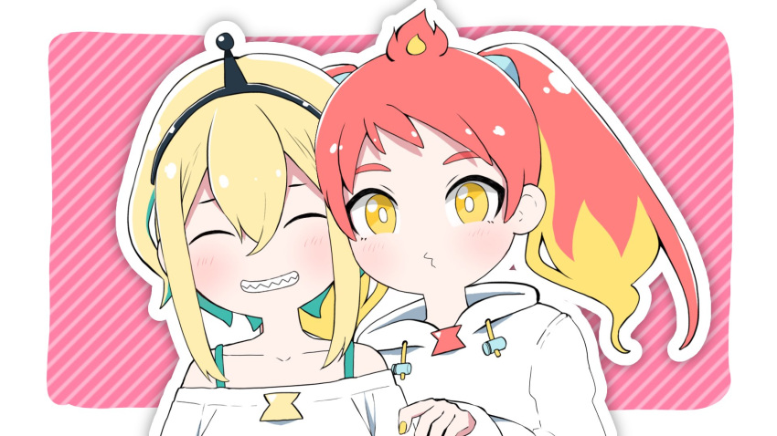 2girls, amano_pikamee, antennae, bare_shoulders, blonde_hair, bright_pupils, closed_eyes, colored_tips, fiery_hair, hairband, highres, hikasa_tomoshika, hikasa_tomoshika_(artist), hood, hoodie, looking_at_viewer, multicolored_hair, multiple_girls, off-shoulder_shirt, off_shoulder, redhead, sharp_teeth, shirt, smile, teeth, twintails, virtual_youtuber, voms, white_pupils, white_shirt