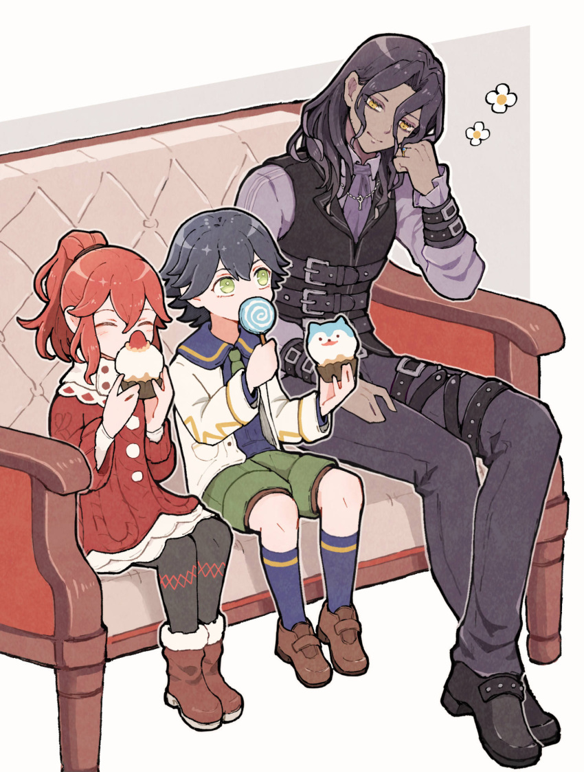 1girl, 2boys, anna_(fire_emblem), belt, black_hair, buckle, closed_eyes, couch