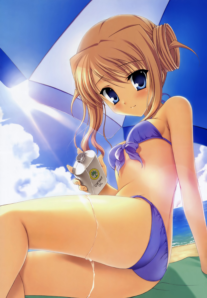 ass, beach, bikini, blush, cloud, clouds, front-tie_top, highres