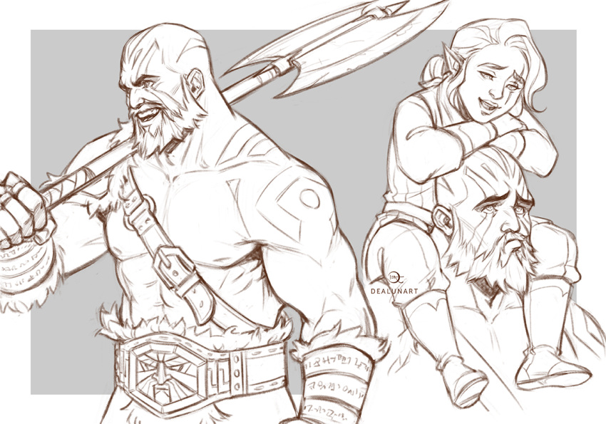 1boy, 1girl, abs, armor, arms_on_head, axe, bare_pectorals, battle_axe