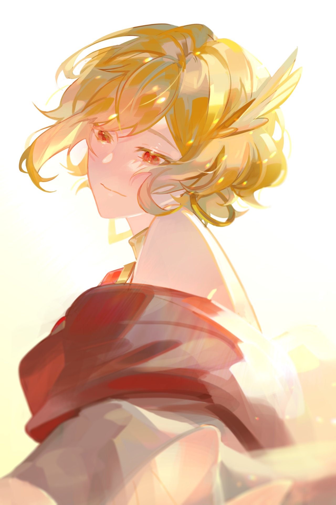 1girl, bare_shoulders, blonde_hair, citrinne_(fire_emblem), closed_mouth, earrings, feather_hair_ornament, feathers
