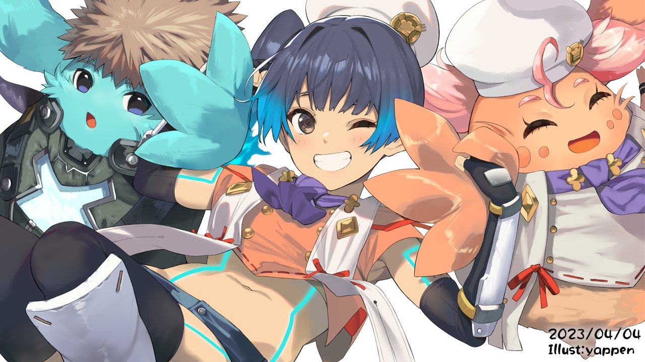 1boy, 2girls, artist_name, blue_hair, brown_eyes, chef_hat, dated, elbow_gloves, fingerless_gloves, gloves, grin, hat, manana_(xenoblade), midriff, multiple_girls, navel, nopon, one_eye_closed, riku_(xenoblade), sena_(xenoblade), side_ponytail, smile, white_background, xenoblade_chronicles_(series), xenoblade_chronicles_3, yappen