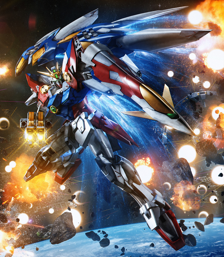 absurdres, aiming_at_viewer, asteroid, earth_(planet), explosion, flying, green_eyes, gun, gundam, gundam_wing, highres, holding, holding_gun, holding_weapon, lolicon_(lolicon42051636), looking_at_viewer, mecha, mobile_suit, no_humans, photoshop_(medium), planet, robot, science_fiction, solo, space, space_station, star_(sky), v-fin, weapon, wing_gundam_zero