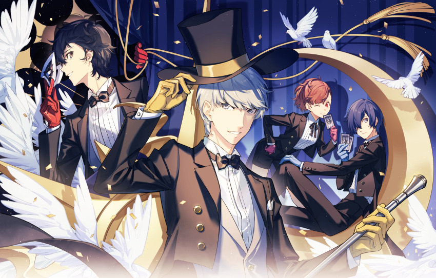 1girl, 3boys, absurdres, alternate_costume, amamiya_ren, animal, bird, black_bow