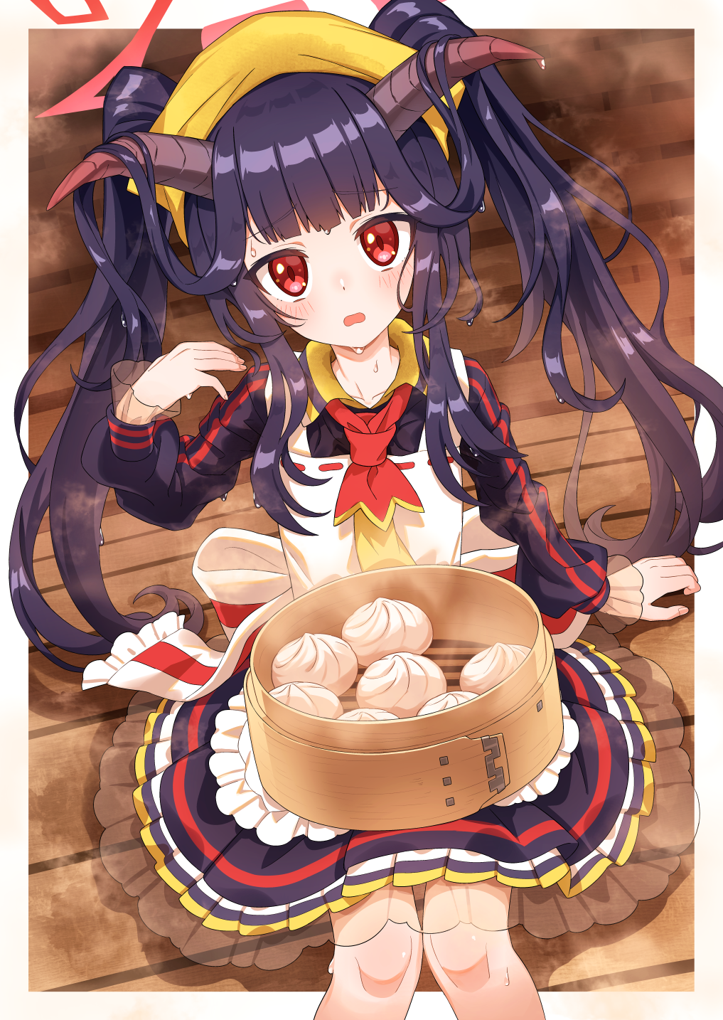 1girl, :o, apron, baozi, black_hair, blue_archive, blunt_bangs, commentary_request