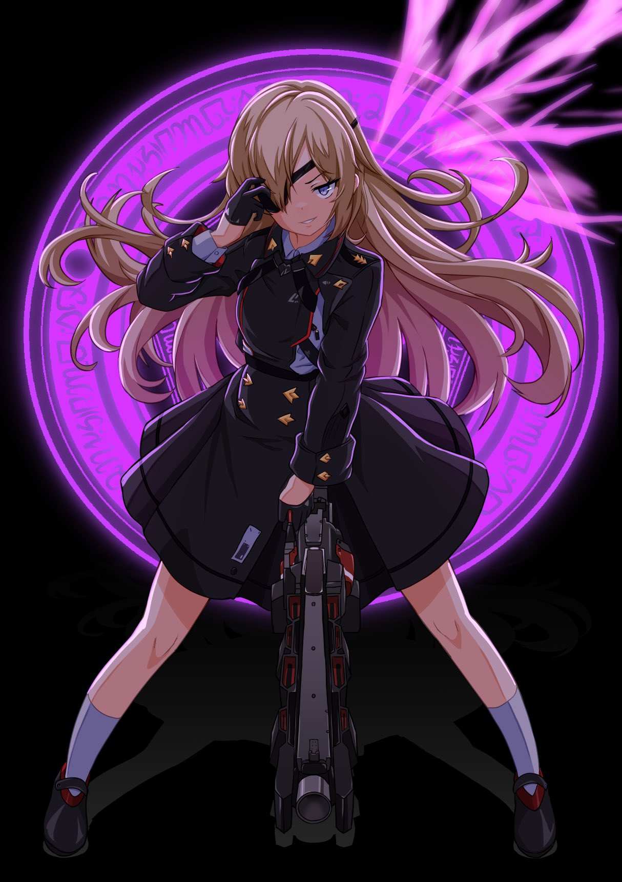 1girl, arm_up, black_dress, black_footwear, black_gloves, black_skirt, blonde_hair, blue_eyes, chuunibyou, dress, eyepatch, gloves, goddess_of_victory:_nikke, guillotine_(nikke), half_gloves, hand_over_eye, highres, holding, holding_weapon, kei_fukamiki, loafers, long_hair, military, military_uniform, shoes, skirt, solo, spread_fingers, standing, uniform, wavy_hair, weapon
