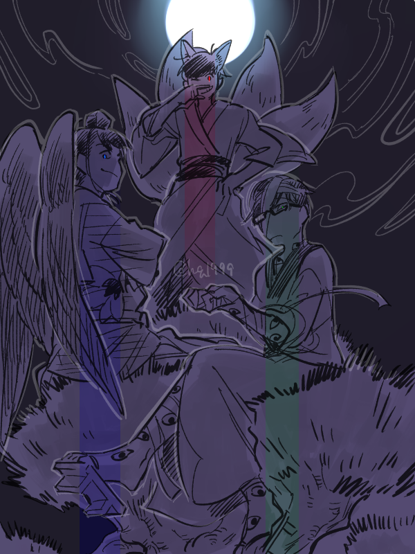 3boys, bandaged_arm, bandaged_head, bandages, bespectacled, blue_eyes, crossed_arms, doumeki