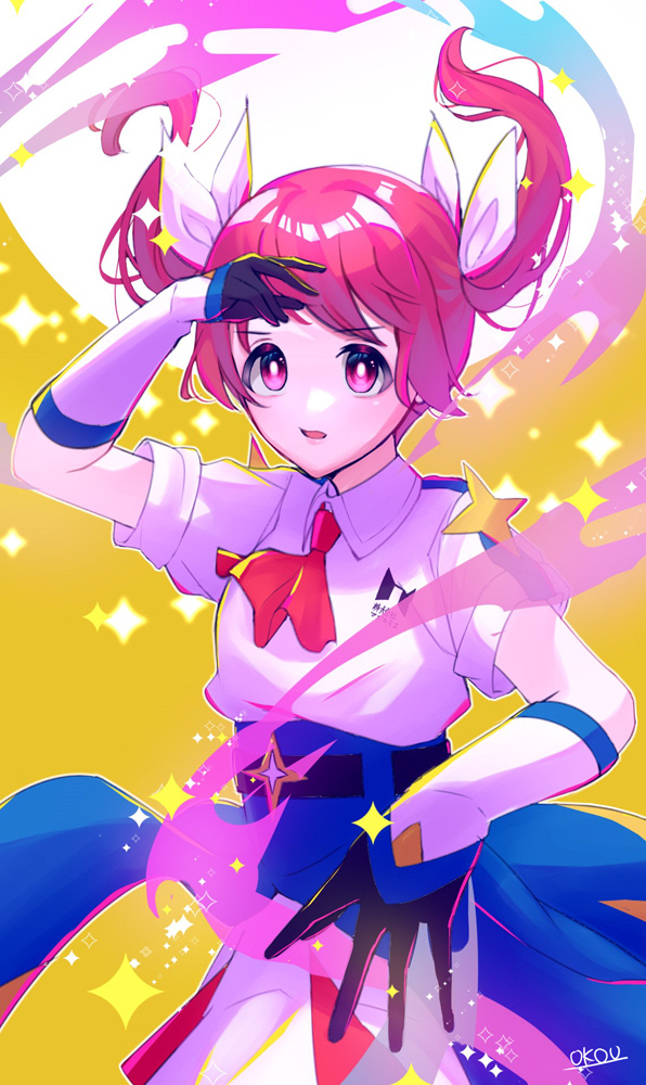 1girl, blue_skirt, floating_hair, glitter, gloves, hair_ribbon, kabushikigaisha_magi-lumiere, magical_girl