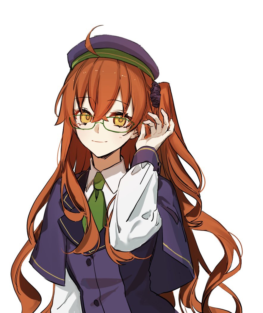 adjusting_eyewear, ahoge, alternate_hair_length, alternate_hairstyle, atlas_academy_school_uniform, black_scrunchie, fate/grand_order, fate_(series)