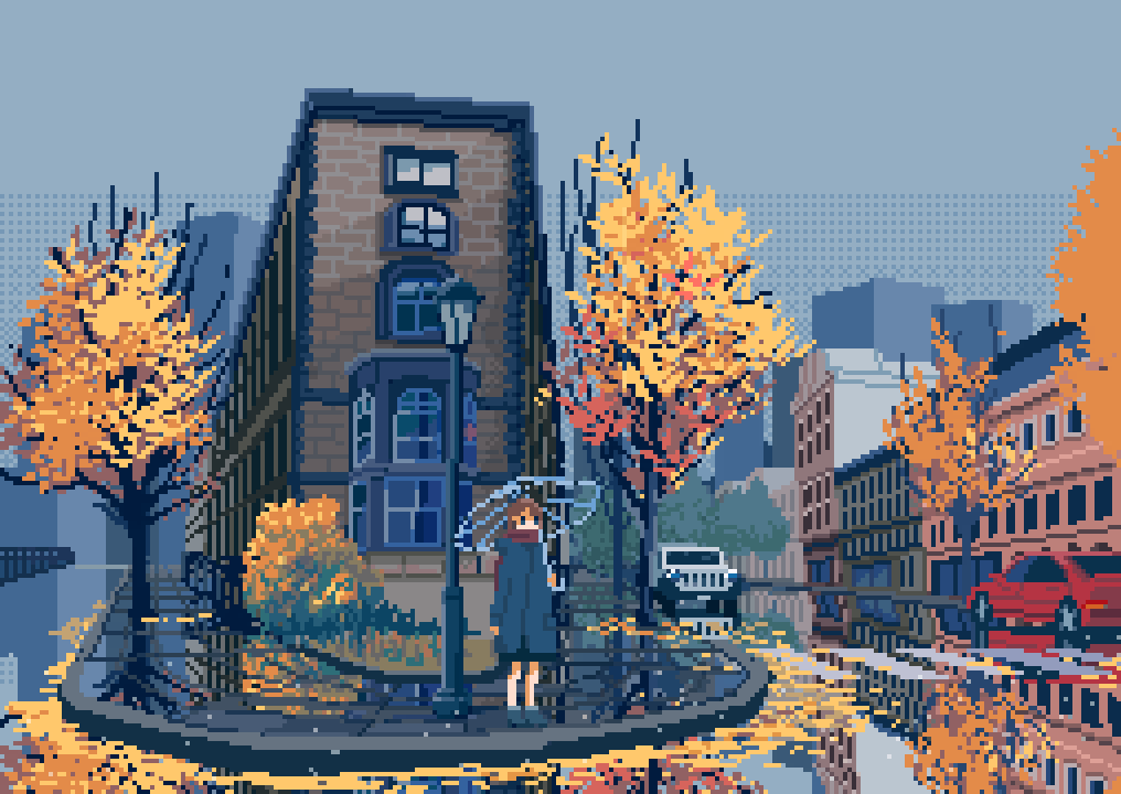 1girl, animated, animated_gif, apo_(rairaru20001), autumn, autumn_leaves, blinking, brown_hair