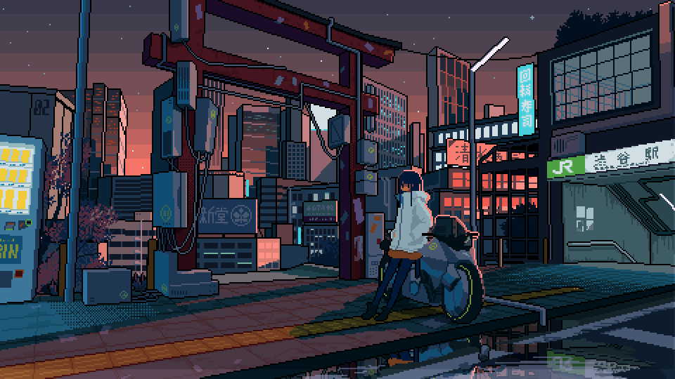 1girl, against_vehicle, animated, animated_gif, apo_(rairaru20001), black_footwear, blue_hair, blunt_bangs