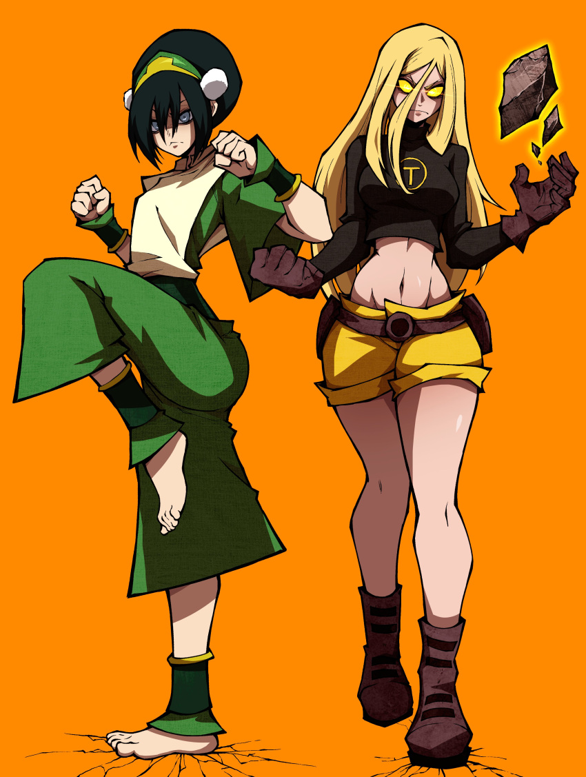 2girls, absurdres, avatar:_the_last_airbender, avatar_legends, barefoot, black_hair, black_shirt, blind