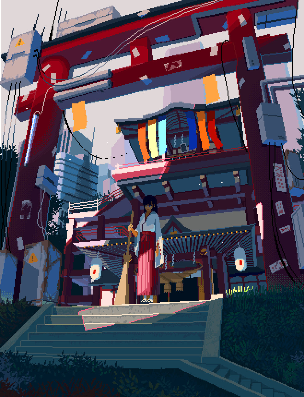 1girl, animated, animated_gif, apo_(rairaru20001), broom, highres, japanese_clothes, miko, original, pixel_art, shrine, solo, stairs, torii, wind