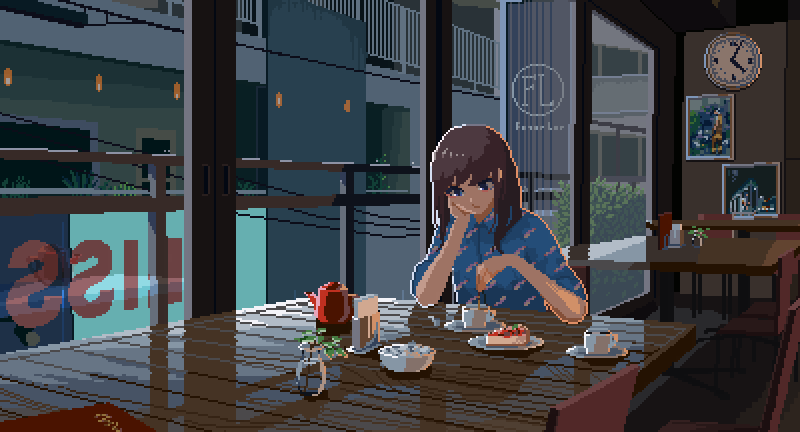1girl, animated, animated_gif, apo_(rairaru20001), blue_shirt, bowl, brown_hair, chair