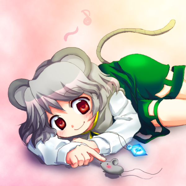 blush, chitose-ame, chitose_(ame), grey_hair, jewelry, lying, mouse, mouse_ears, mouse_tail, musical_note, nazrin, on_side, pendant, red_eyes, short_hair, solo, tail, touhou