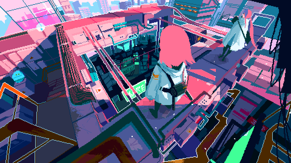 2girls, animated, animated_gif, apo_(rairaru20001), building, cityscape, lens_flare, long_hair, long_sleeves, medium_hair, multiple_girls, original, pink_hair, pixel_art, screen, shade, very_long_hair, wind