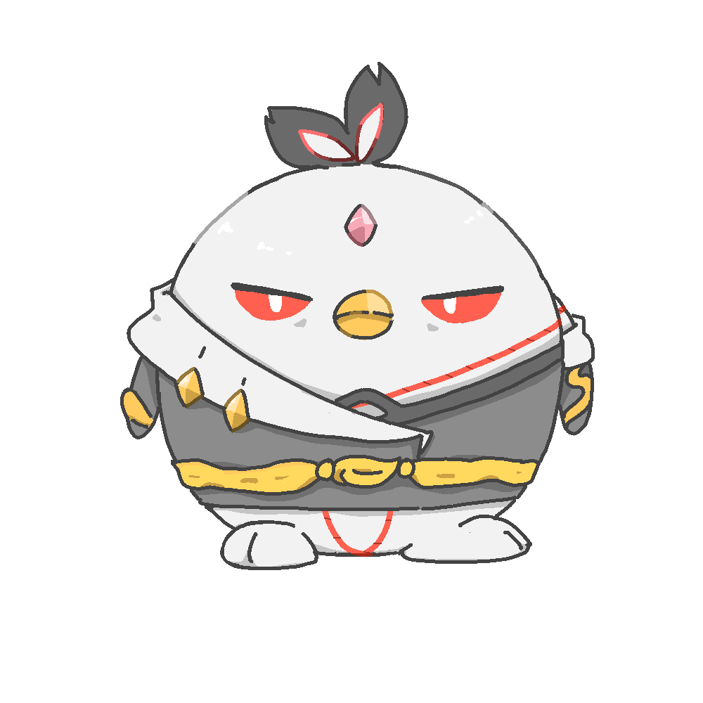 animal, bird, character_request, clothed_animal, commentary, english_commentary, full_body, grey_jacket, honkai_(series), honkai_impact_3rd, jacket, looking_at_viewer, no_humans, red_eyes, simple_background, solo, standing, tharwan, white_background