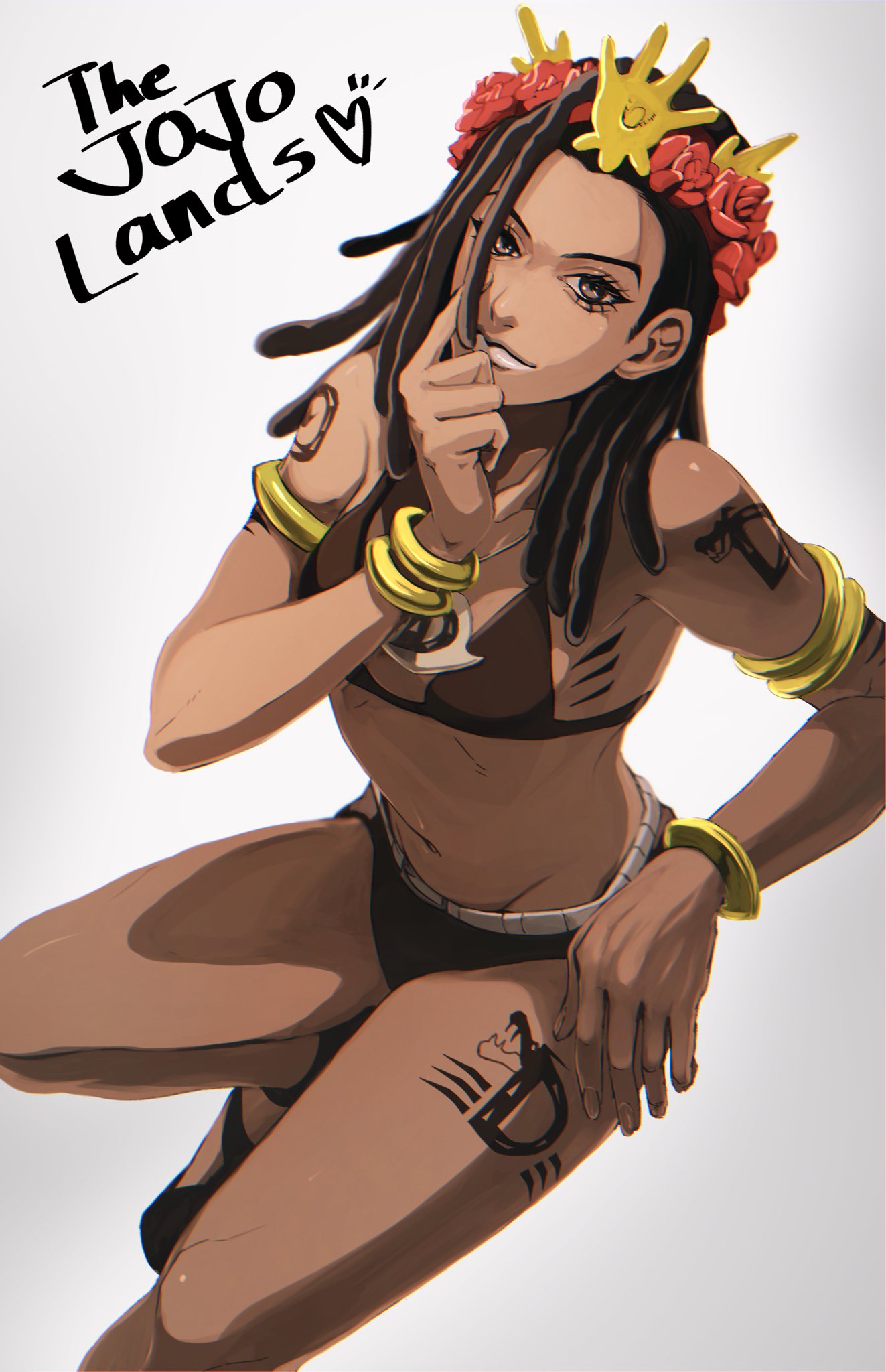 1other, arm_tattoo, armlet, bikini, black_bikini, black_hair, bracelet, brown_eyes