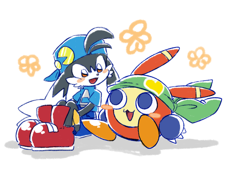 1boy, 1other, blue_eyes, blue_headwear, blue_shirt, blue_shorts, blush, flower