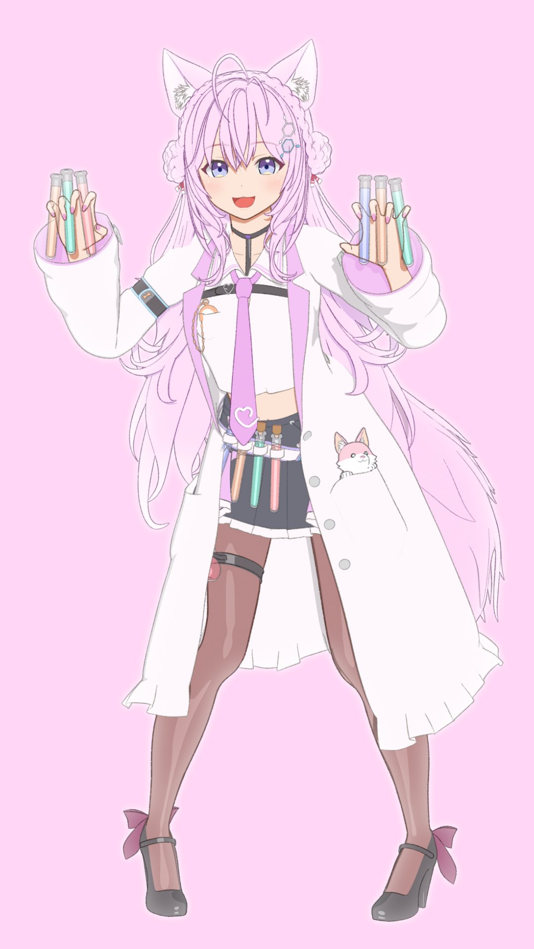 1girl, 3d, :3, :d, animal_ear_fluff, animal_ears, antenna_hair, armband, bakishin, between_fingers, black_footwear, black_skirt, braid, braided_bun, chemical_structure, coat, commentary_request, cropped_shirt, crown_braid, full_body, hair_bun, hair_ornament, hakui_koyori, hands_up, hexagon_hair_ornament, high_heels, highres, holding, holding_test_tube, hololive, labcoat, long_hair, long_sleeves, looking_at_viewer, midriff, necktie, open_clothes, open_coat, pigeon-toed, pink_background, pink_hair, pink_necktie, pink_tail, pleated_skirt, shirt, simple_background, skirt, smile, solo, standing, still_life, straight-on, test_tube, thigh_strap, violet_eyes, virtual_youtuber, white_coat, white_shirt, wide_sleeves, wolf_ears, wolf_girl