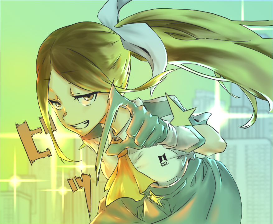 1girl, blonde_hair, cityscape, dpakira, gloves, green_skirt, kabushikigaisha_magi-lumiere, koshigaya_hitomi
