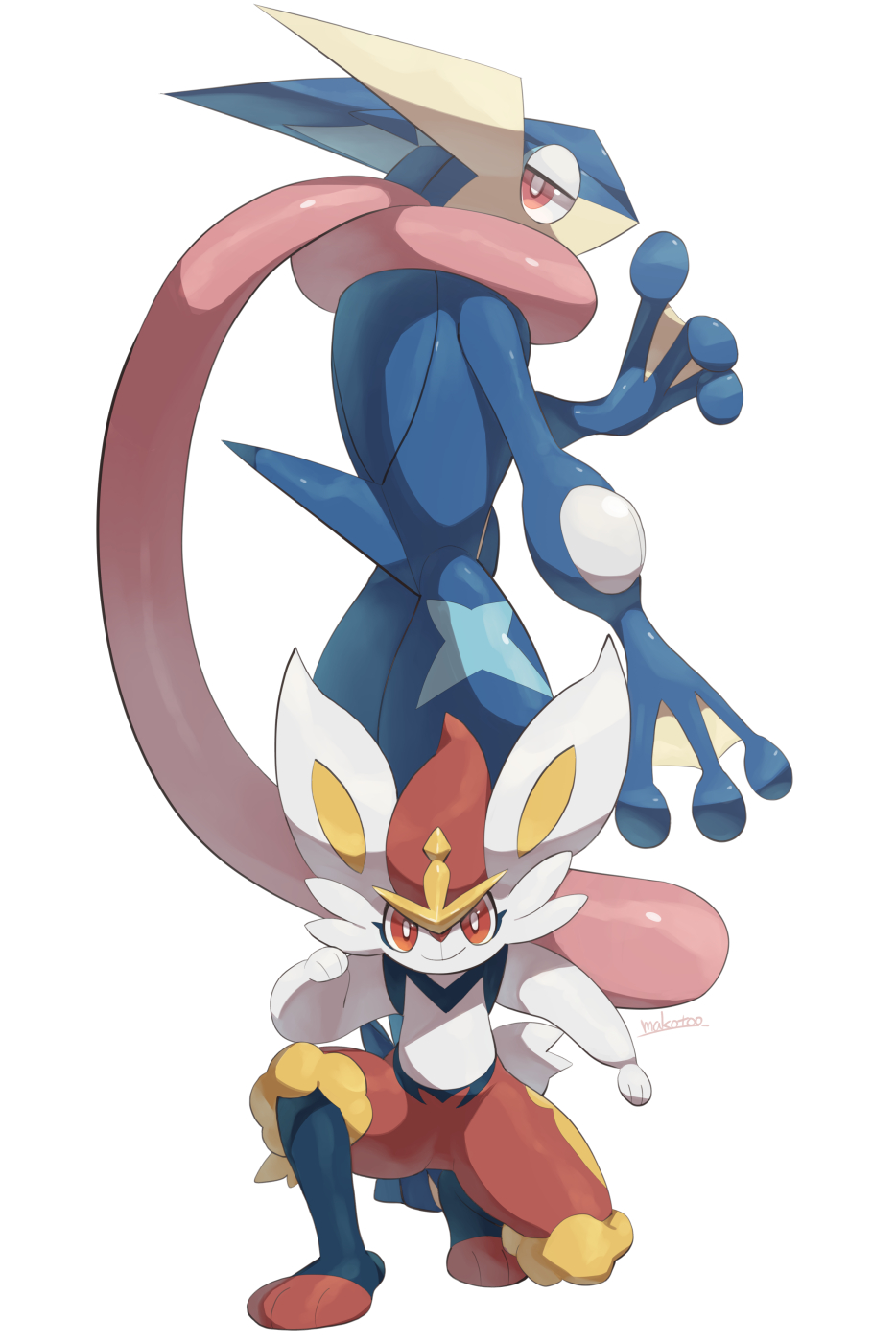 artist_name, cinderace, clenched_hands, greninja, highres, looking_at_viewer, makoto_ikemu, no_humans