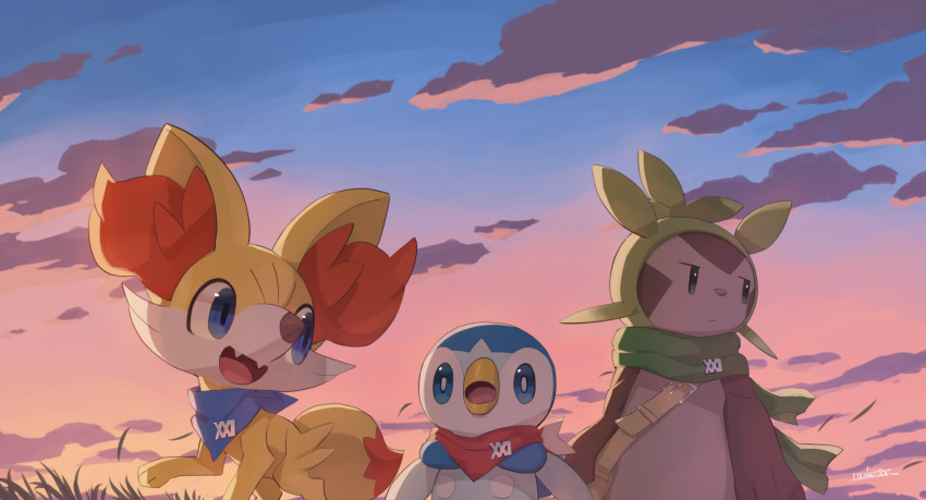 bandana, blue_bandana, chespin, clothed_pokemon, clouds, fennekin, green_scarf, makoto_ikemu
