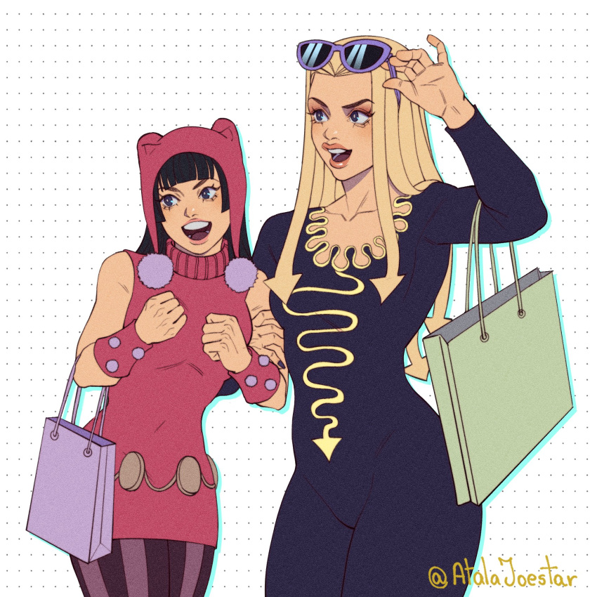 2girls, animal_ears, animal_hood, arm_grab, atalajoestar, bag, bear_hood, black_hair, blonde_hair, blunt_bangs, eyewear_on_head, fake_animal_ears, higashikata_daiya, higashikata_hato, highres, hood, jojo_no_kimyou_na_bouken, jojolion, long_hair, multiple_girls, pantyhose, shopping_bag, siblings, sisters, sleeveless_turtleneck_dress, striped, striped_pantyhose, sunglasses, vertical-striped_pantyhose, vertical_stripes