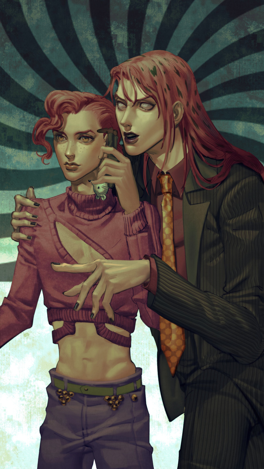 2boys, absurdres, black_nails, chest_cutout, crop_top, diavolo, formal, freckles, highres, holding, holding_toy, jojo_no_kimyou_na_bouken, long_hair, male_focus, midriff, multiple_boys, natatazzz, necktie, pink_hair, pinstripe_pattern, pinstripe_suit, polka_dot_hair, polka_dot_necktie, realistic, ribbed_sweater, striped, suit, sweater, toned, toned_male, toy, turtleneck, vento_aureo, vinegar_doppio, white_eyes, yellow_eyes