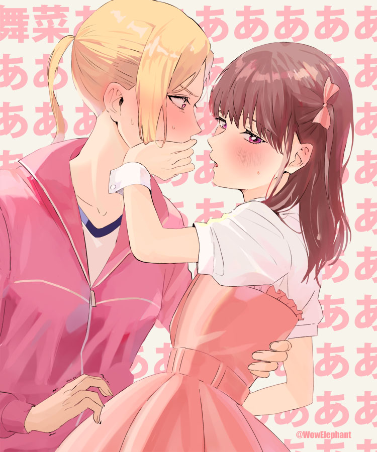 2girls, blonde_hair, blush, bow, brown_hair, covering_mouth, ear_blush, eripiyo