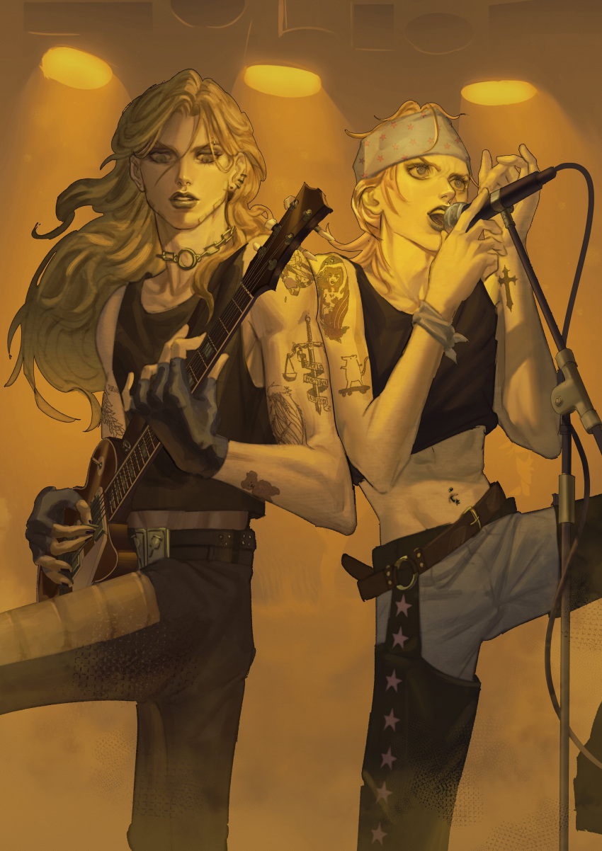 2boys, absurdres, arm_tattoo, bandana, chaps, contemporary, crop_top, fingerless_gloves, gloves, guitar, gyro_zeppeli, highres, holding, holding_microphone, instrument, johnny_joestar, jojo_no_kimyou_na_bouken, long_hair, male_focus, microphone, microphone_stand, midriff, multiple_boys, music, muted_color, natatazzz, playing_instrument, sleeves_past_wrists, star_(symbol), steel_ball_run, tank_top, tattoo, toned, toned_male