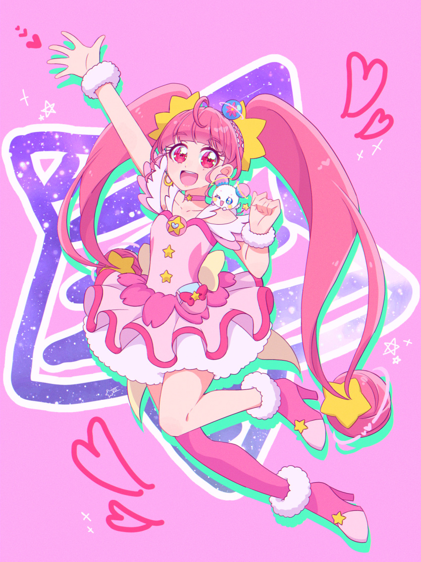 1girl, :d, arm_up, choker, cure_star, dress, full_body, fuwa_(precure)