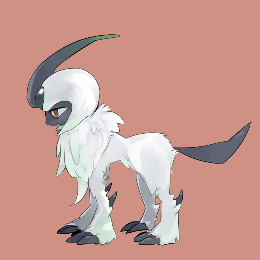 absol, animal_focus, bright_pupils, closed_mouth, commentary_request, from_side, full_body, half-closed_eyes