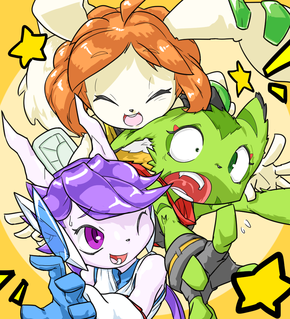 carol_tea, cat, cat_ears, dog, dragon, green_hair, horns, large_ears