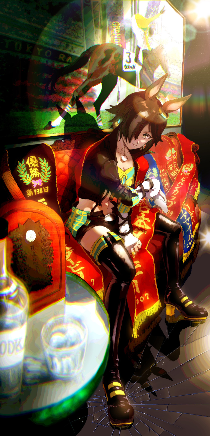 1girl, absurdres, alcohol, animal_ears, belt, black_footwear, black_jacket, black_shorts