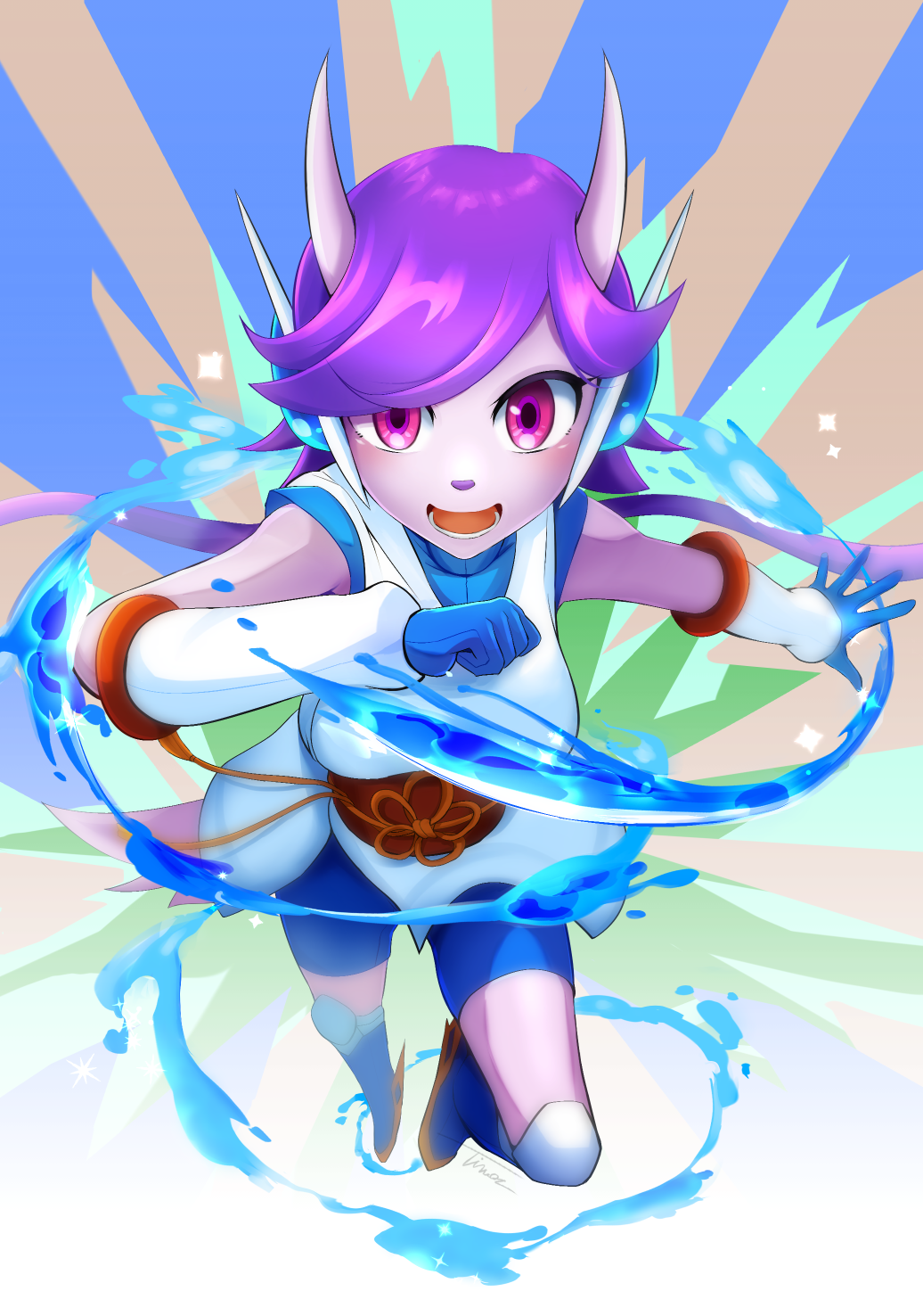 blue_gloves, dragon, freedom_planet, horns, purple_hair, sash_lilac, tina_orz, water