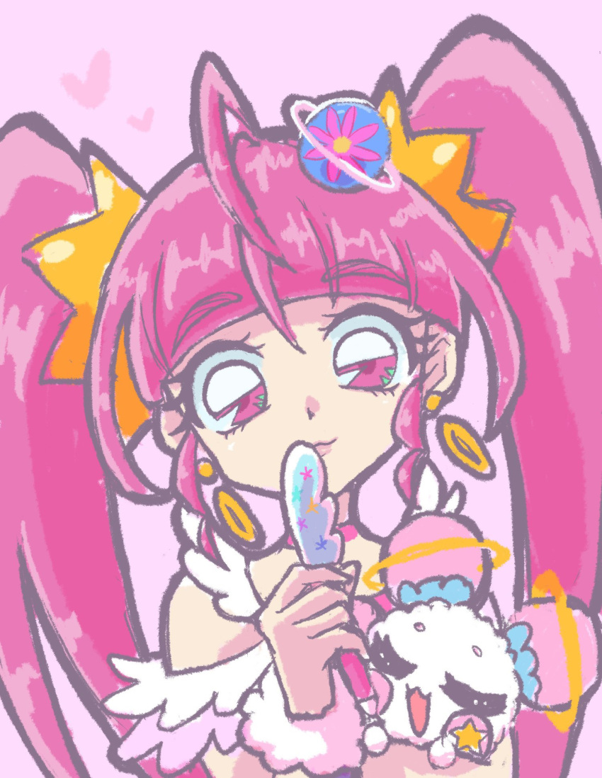 1girl, ahoge, blunt_bangs, choker, closed_mouth, cure_star, earrings, fur_cuffs