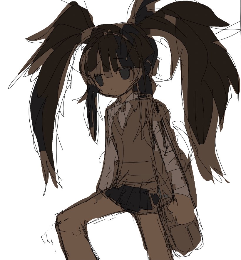 100_(hundredwell), 1girl, black_skirt, brown_hair, brown_sweater_vest, furrowed_brow, grey_eyes, hair_between_eyes