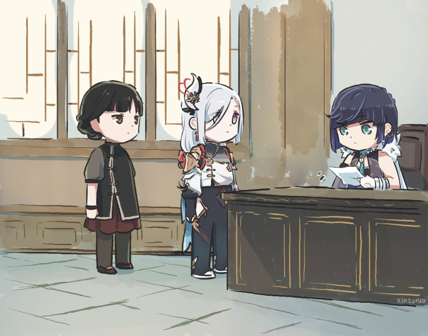 3girls, architecture, artist_name, asymmetrical_gloves, black_hair, chibi, chinese_clothes, commentary