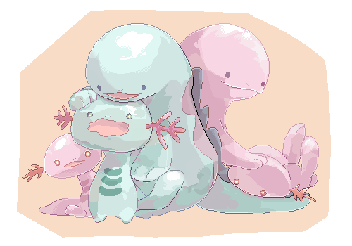 :3, alternate_color, animal_focus, blue_eyes, border, bright_pupils, closed_mouth, commentary_request, evolutionary_line, full_body, hand_on_another's_head, happy, jaggy_lines, lowres, no_humans, ntmkn, open_mouth, orange_background, pokemon, pokemon_(creature), quagsire, red_eyes, shiny_pokemon, simple_background, sitting, smile, standing, wavy_mouth, white_border, white_pupils, wooper
