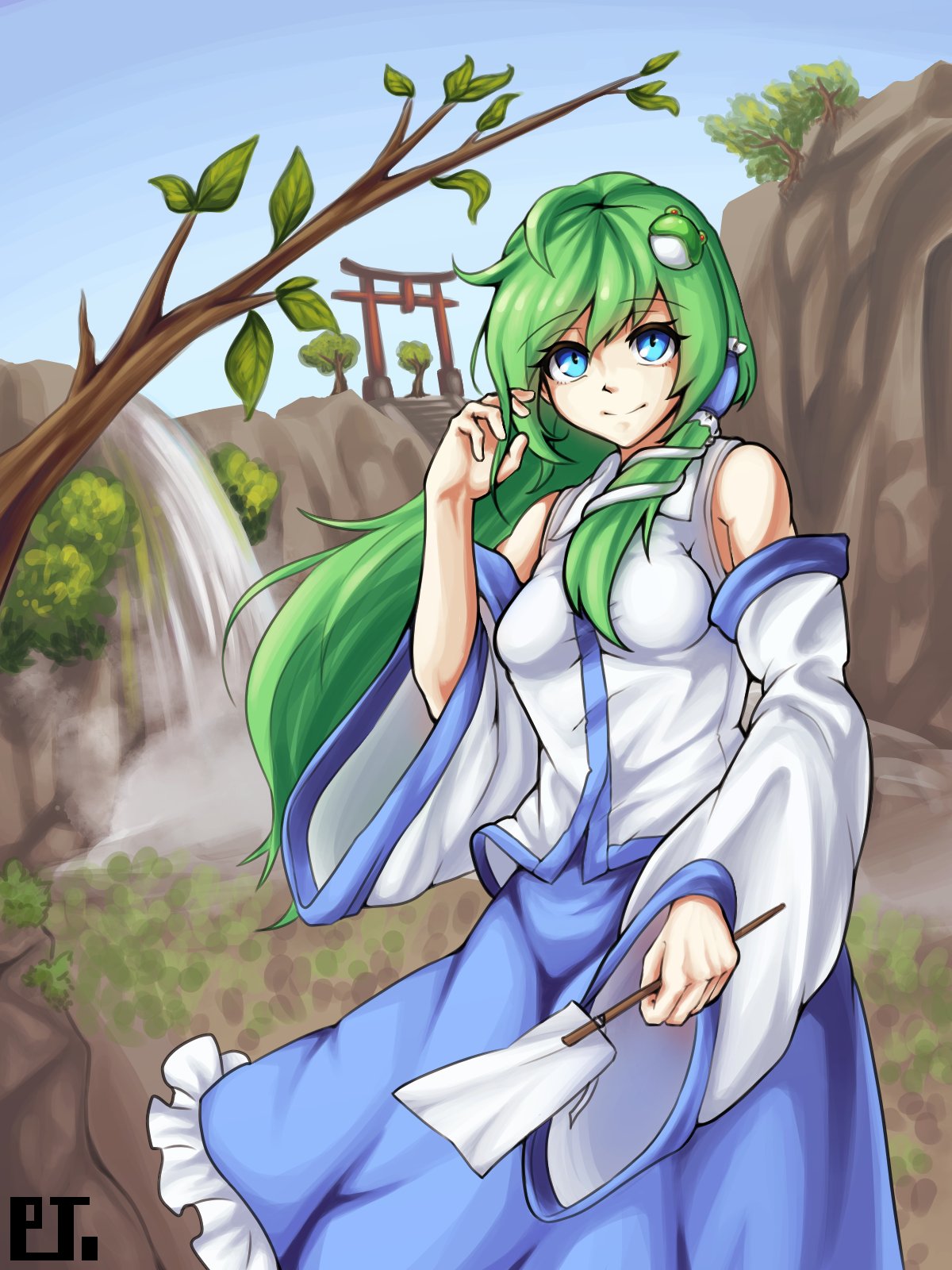 1girl, ahoge, blue_eyes, blue_skirt, blue_sky, closed_mouth, commentary, detached_sleeves