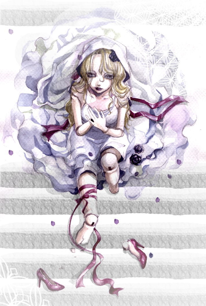 doll, doll_joints, dress, flower, from_above, hachiro_(delaglace), high_heels, lips, lipstick, long_hair, original, ribbon, rose, shoes, solo, traditional_media, veil, watercolor_(medium), white_dress