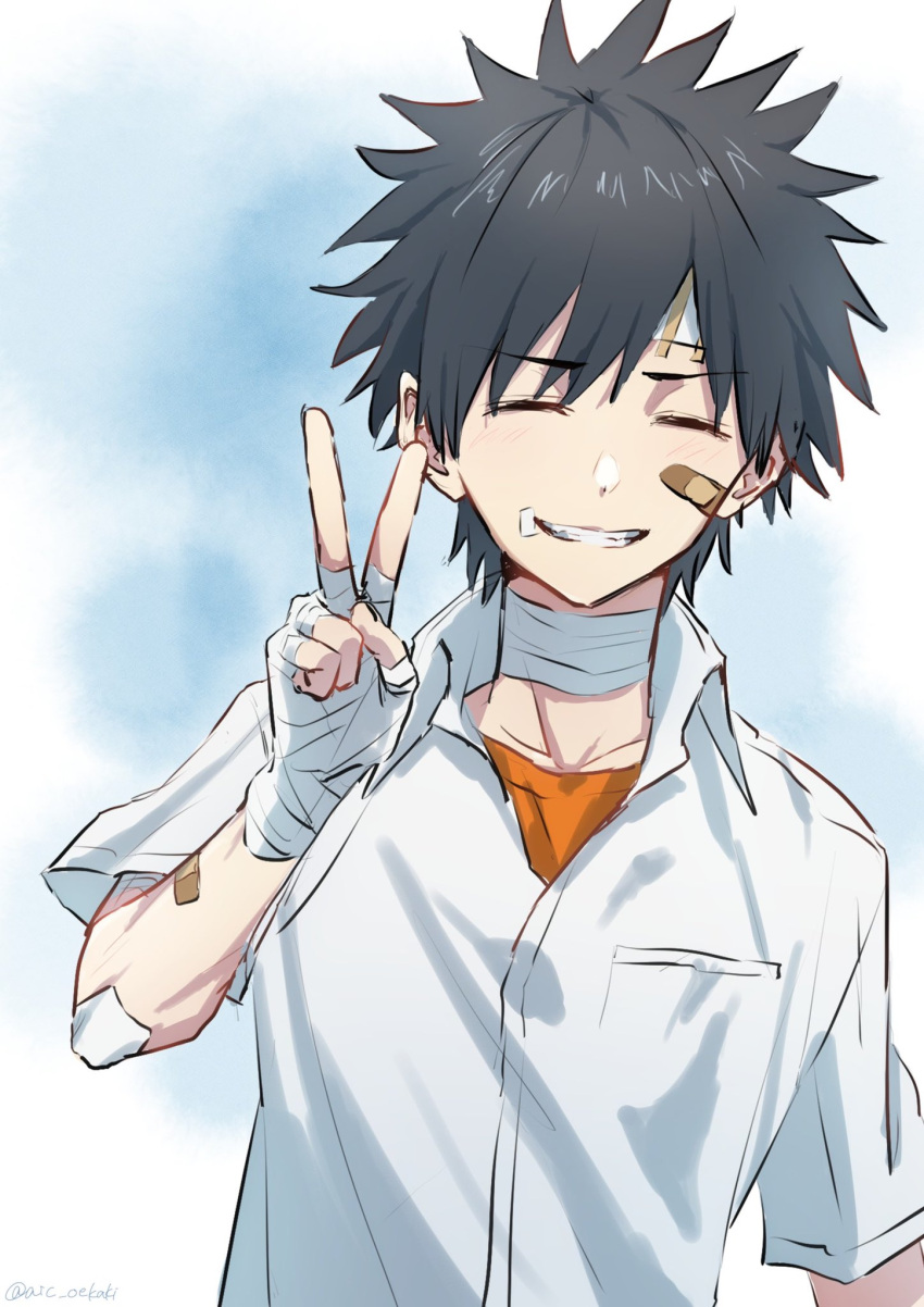 1boy, a_certain_high_school_uniform, aic_oekaki, bandaged_hand, bandages, bandaid, bandaid_on_face, black_hair