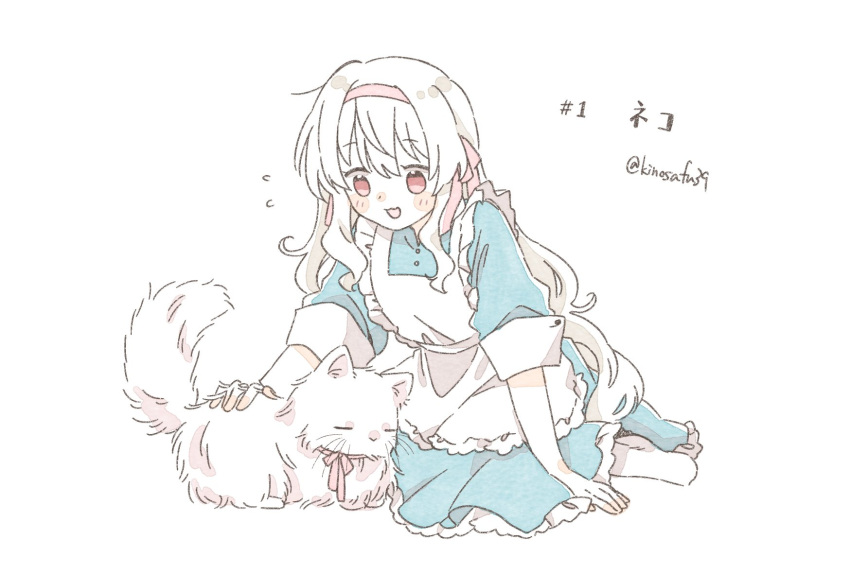 1girl, animal, animal_name, apron, arm_support, blue_dress, blush_stickers, buttons