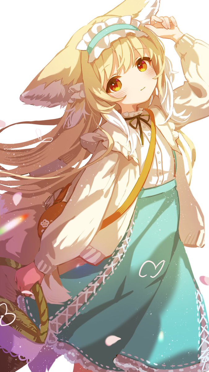 1girl, animal_ear_fluff, animal_ears, arknights, arm_up, bag, basket, black_ribbon