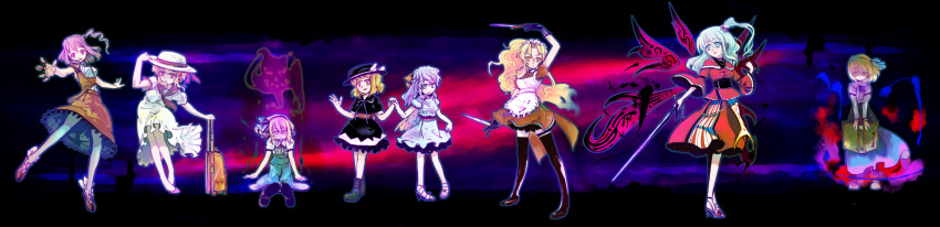 alice_margatroid, alice_margatroid_(pc-98), book, dress, highres, knife, legs, luize, mai_(touhou), mystic_square, nichimatsu_seri, sara_(touhou), shinki, sword, thighhighs, touhou, touhou_(pc-98), weapon, yuki_(touhou), yumeko